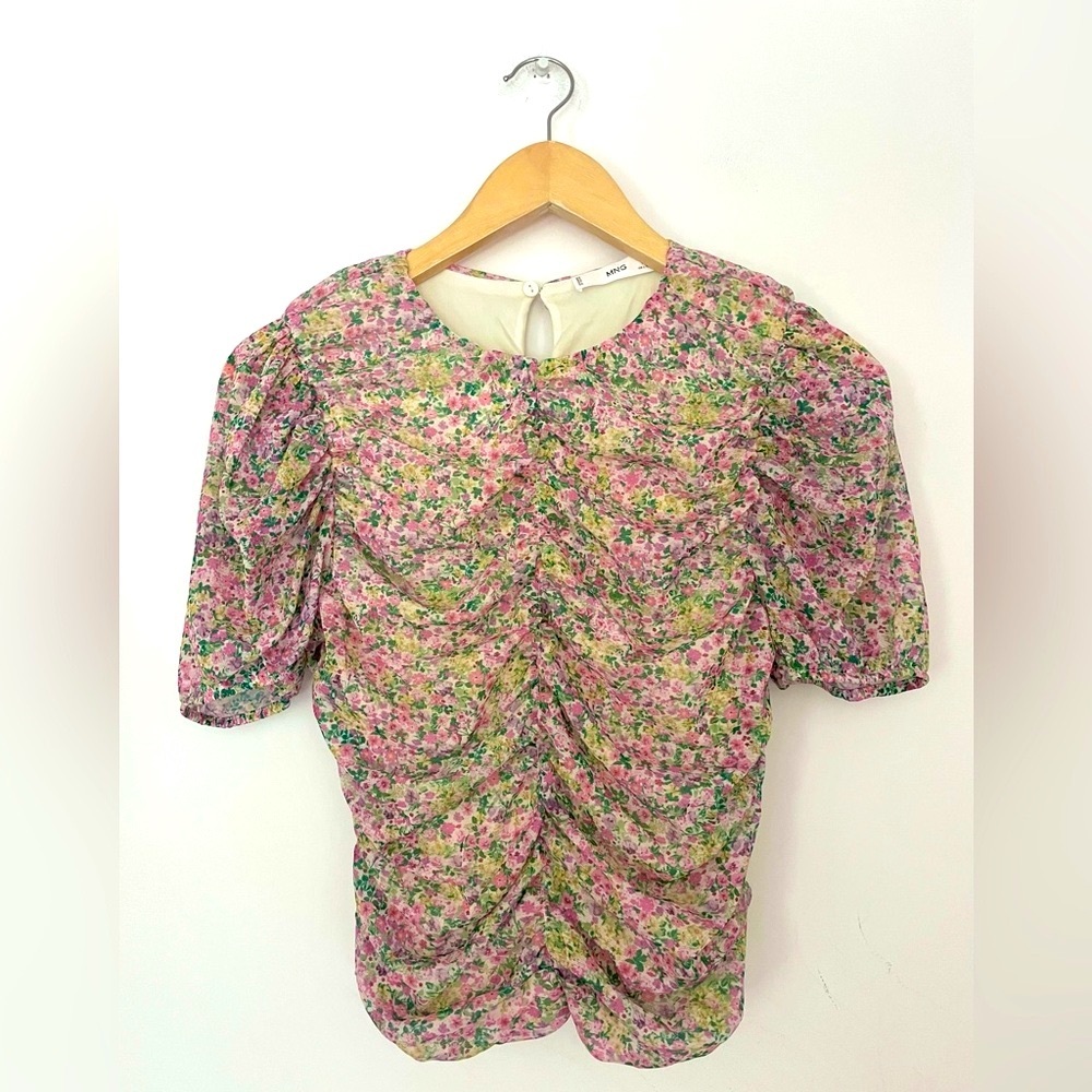 mango ruched medium Floral Pink Women's Top - Picture 1 of 7